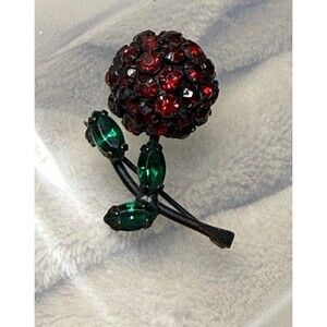 Vintage Rhinestone Cherry Brooch Pin Signed Warner Black Enameled